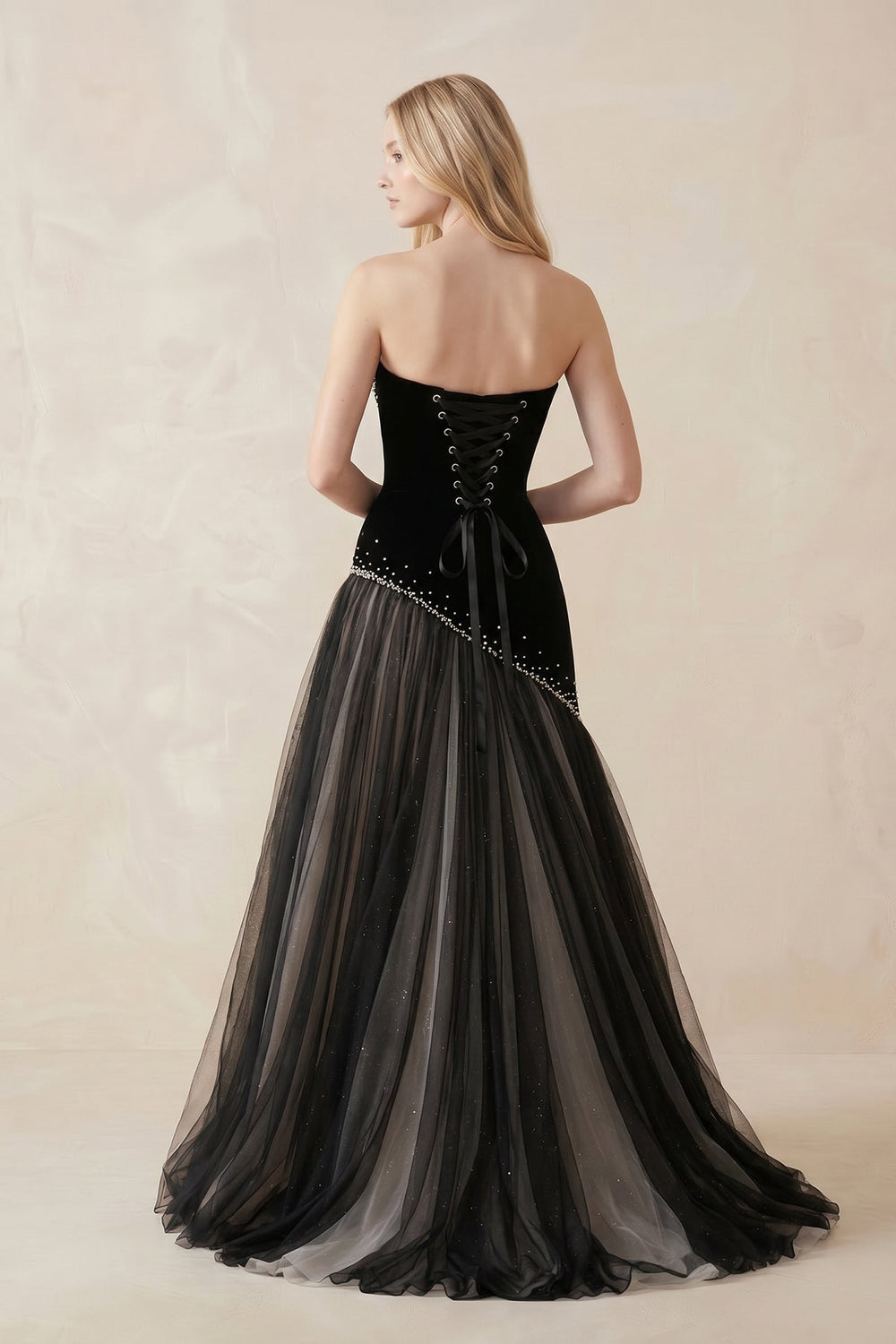 Beaded Strapless A-Line Tulle Wedding Dress in Black