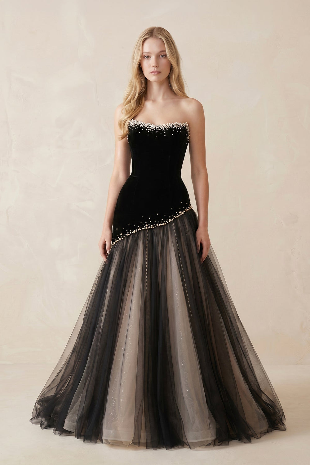 Beaded Strapless A-Line Tulle Wedding Dress in Black