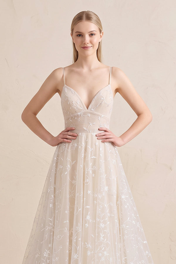 Beautiful A Line Spaghetti Straps Light Champagne Wedding Dress - KISSBRIDAL