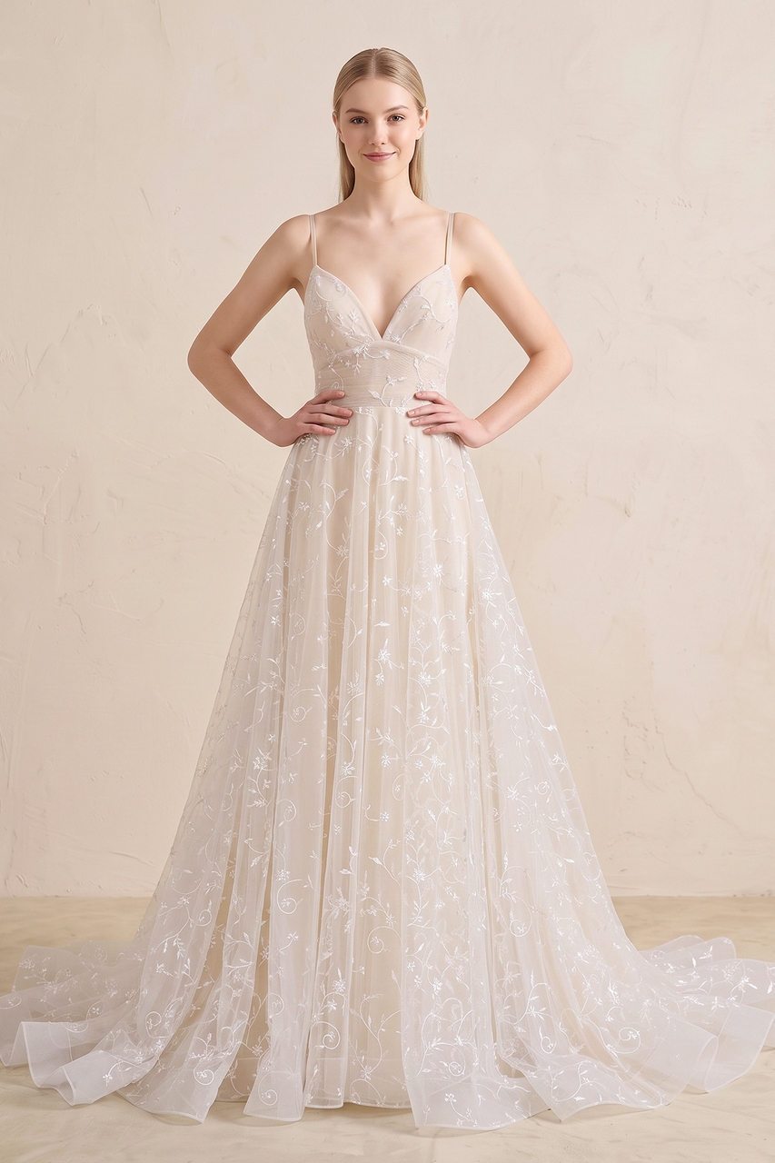 A Line Spaghetti Straps Wedding Dress in White Nude