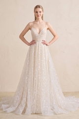 Beautiful A Line Spaghetti Straps Light Champagne Wedding Dress - KISSBRIDAL