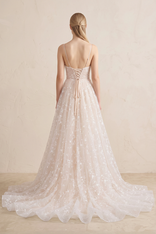 Beautiful A Line Spaghetti Straps Light Champagne Wedding Dress - KISSBRIDAL
