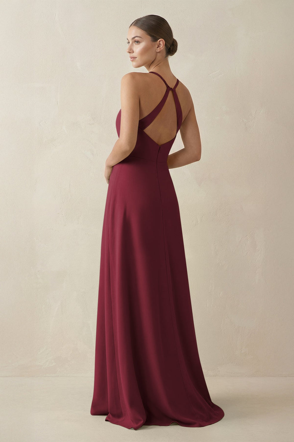 A-Line Chiffon Long Bridesmaid Dress With Slit in Berry