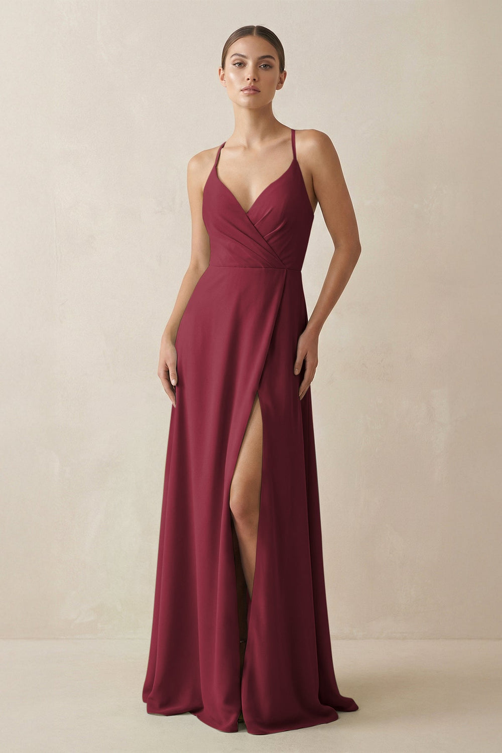 A-Line Chiffon Long Bridesmaid Dress With Slit in Berry