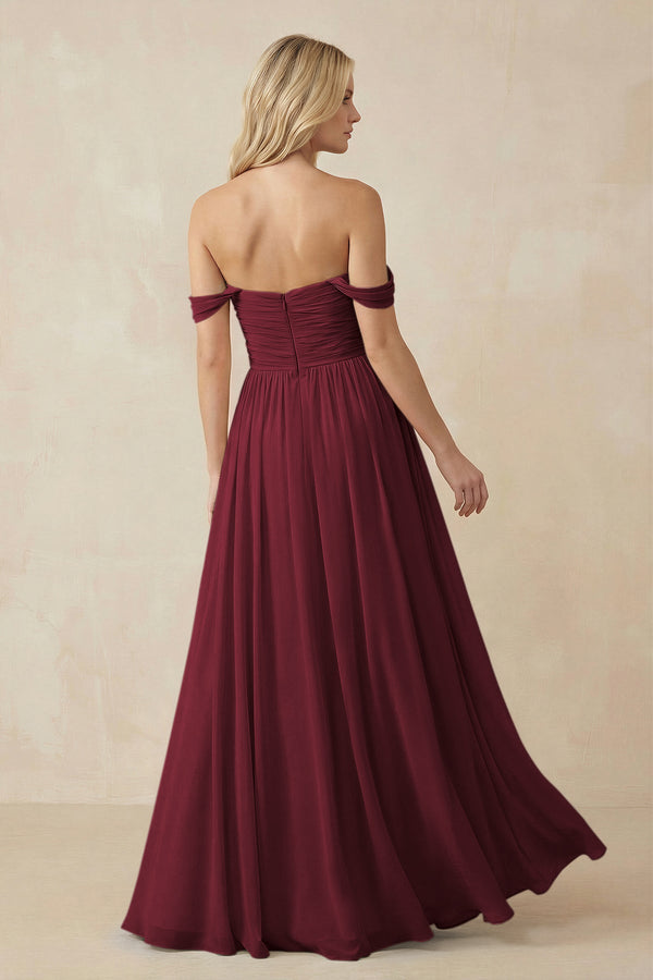 Berry A-Line Pleated Long Chiffon Bridesmaid Dress (2) | KISSBRIDAL