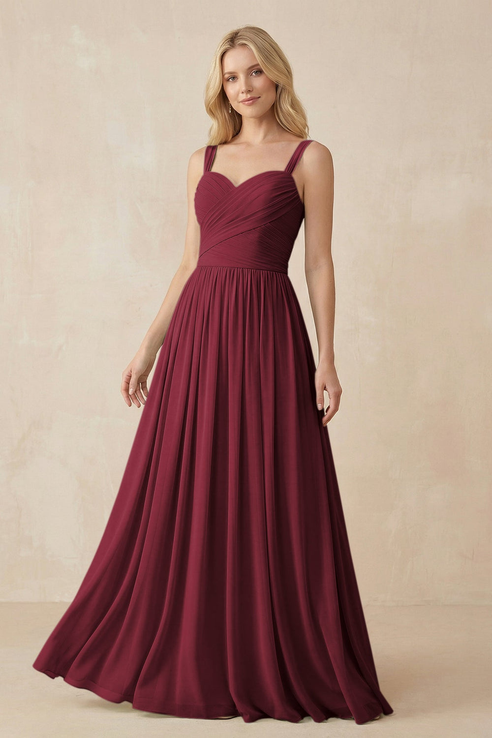 A-Line Pleated Long Chiffon Bridesmaid Dress in Berry