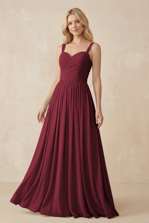 Berry A-Line Pleated Long Chiffon Bridesmaid Dress | KISSBRIDAL