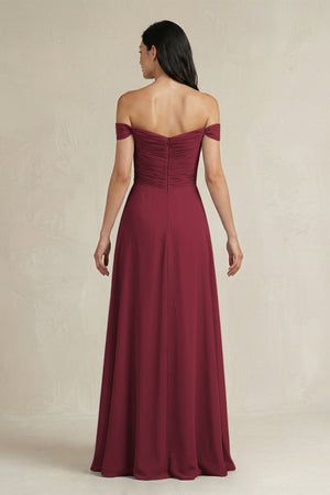 Berry A-Line Pleated Off-the-Shoulder Chiffon Bridesmaid Dress (2) | KISSBRIDAL