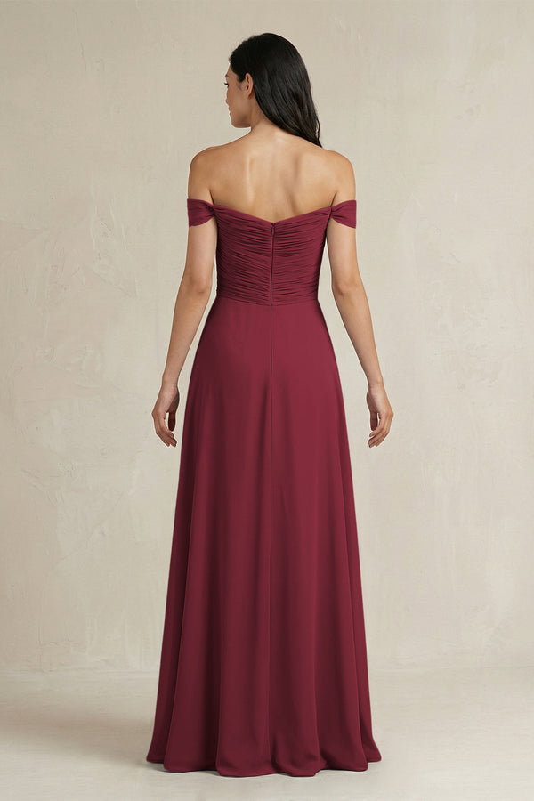 Berry A-Line Pleated Off-the-Shoulder Chiffon Bridesmaid Dress (2) | KISSBRIDAL