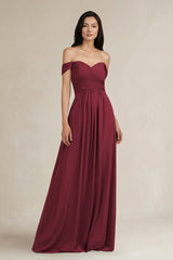 Berry A-Line Pleated Off-the-Shoulder Chiffon Bridesmaid Dress | KISSBRIDAL