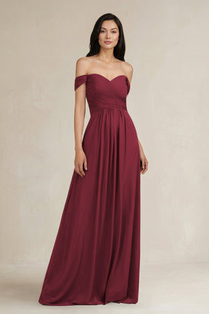 Berry A-Line Pleated Off-the-Shoulder Chiffon Bridesmaid Dress | KISSBRIDAL