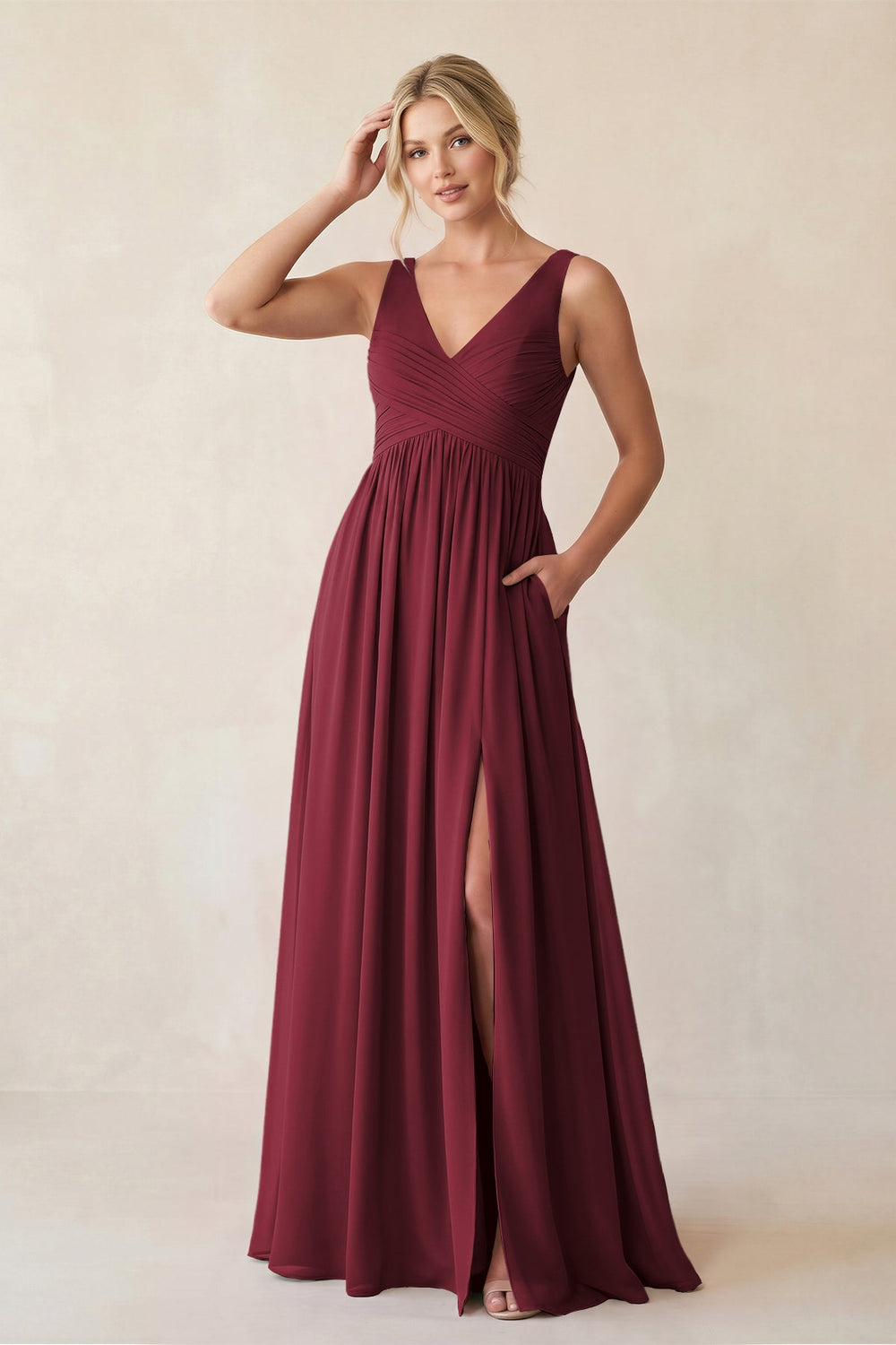 A-Line V-Neck Pleated Chiffon Bridesmaid Dress in Berry