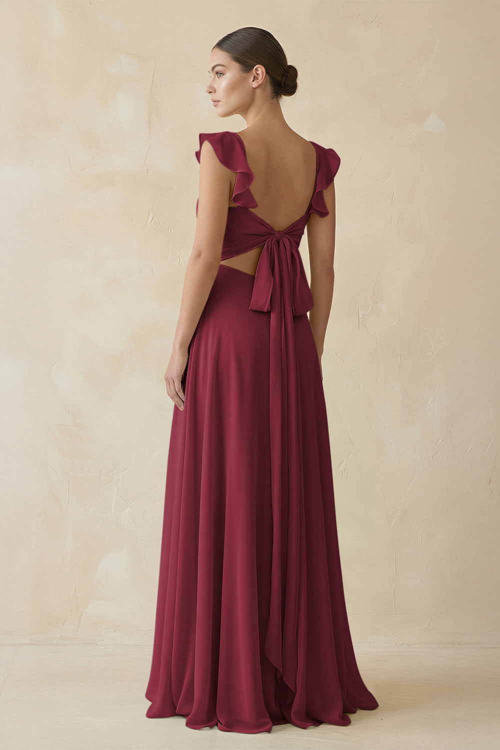 Ruffled Chiffon A-Line Long Bridesmaid Dress in Berry