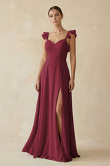 Berry Ruffled Chiffon A-Line Long Bridesmaid Dress | KISSBRIDAL