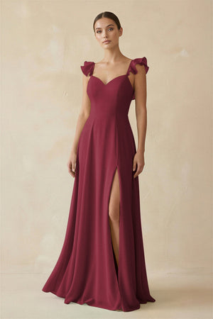 Berry Ruffled Chiffon A-Line Long Bridesmaid Dress | KISSBRIDAL