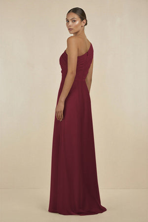 Berry Ruffled One-Shoulder Pleated Sheath Bridesmaid Dress (2) | KISSBRIDAL