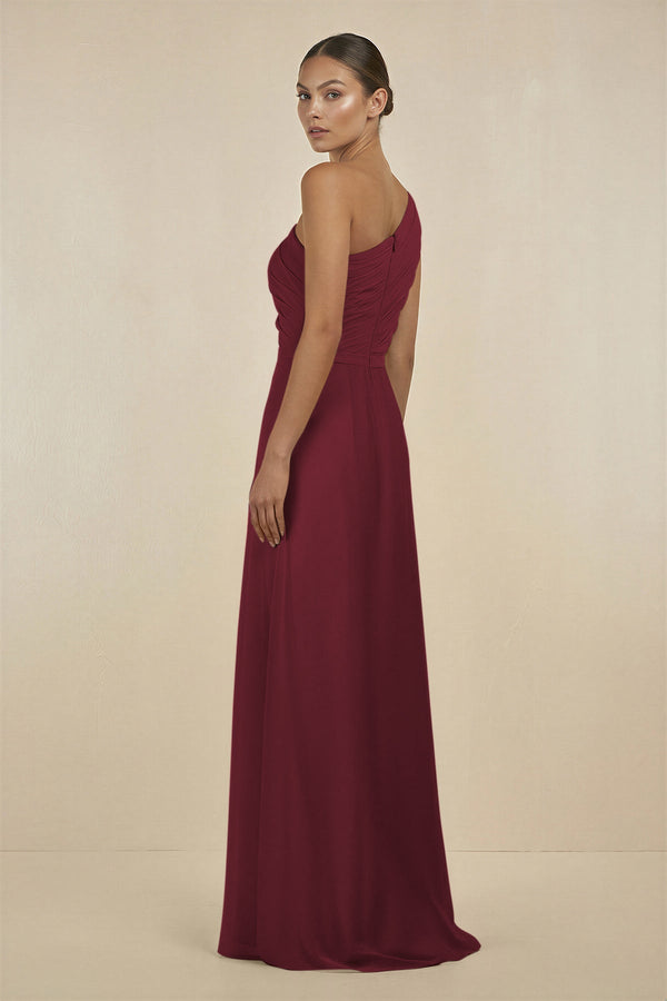 Berry Ruffled One-Shoulder Pleated Sheath Bridesmaid Dress (2) | KISSBRIDAL