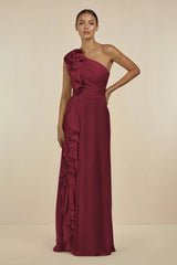 Berry Ruffled One-Shoulder Pleated Sheath Bridesmaid Dress | KISSBRIDAL