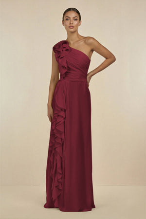Berry Ruffled One-Shoulder Pleated Sheath Bridesmaid Dress | KISSBRIDAL