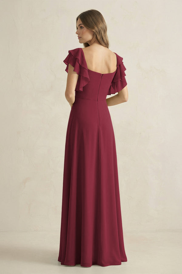 Berry Ruffled Sleeves A-Line Chiffon Bridesmaid Dress (2) | KISSBRIDAL