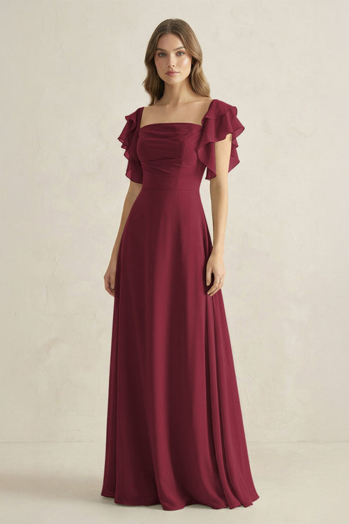 Berry Ruffled Sleeves A-Line Chiffon Bridesmaid Dress | KISSBRIDAL