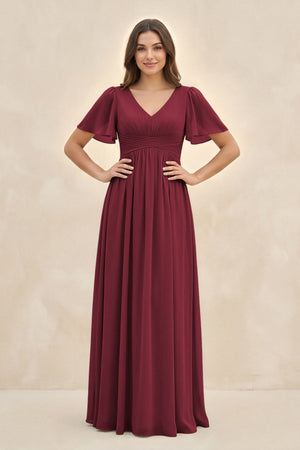 Berry Short Sleeve Chiffon V-Neck A-Line Bridesmaid Dress | KISSBRIDAL