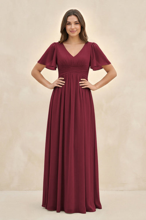 Berry Short Sleeve Chiffon V-Neck A-Line Bridesmaid Dress | KISSBRIDAL