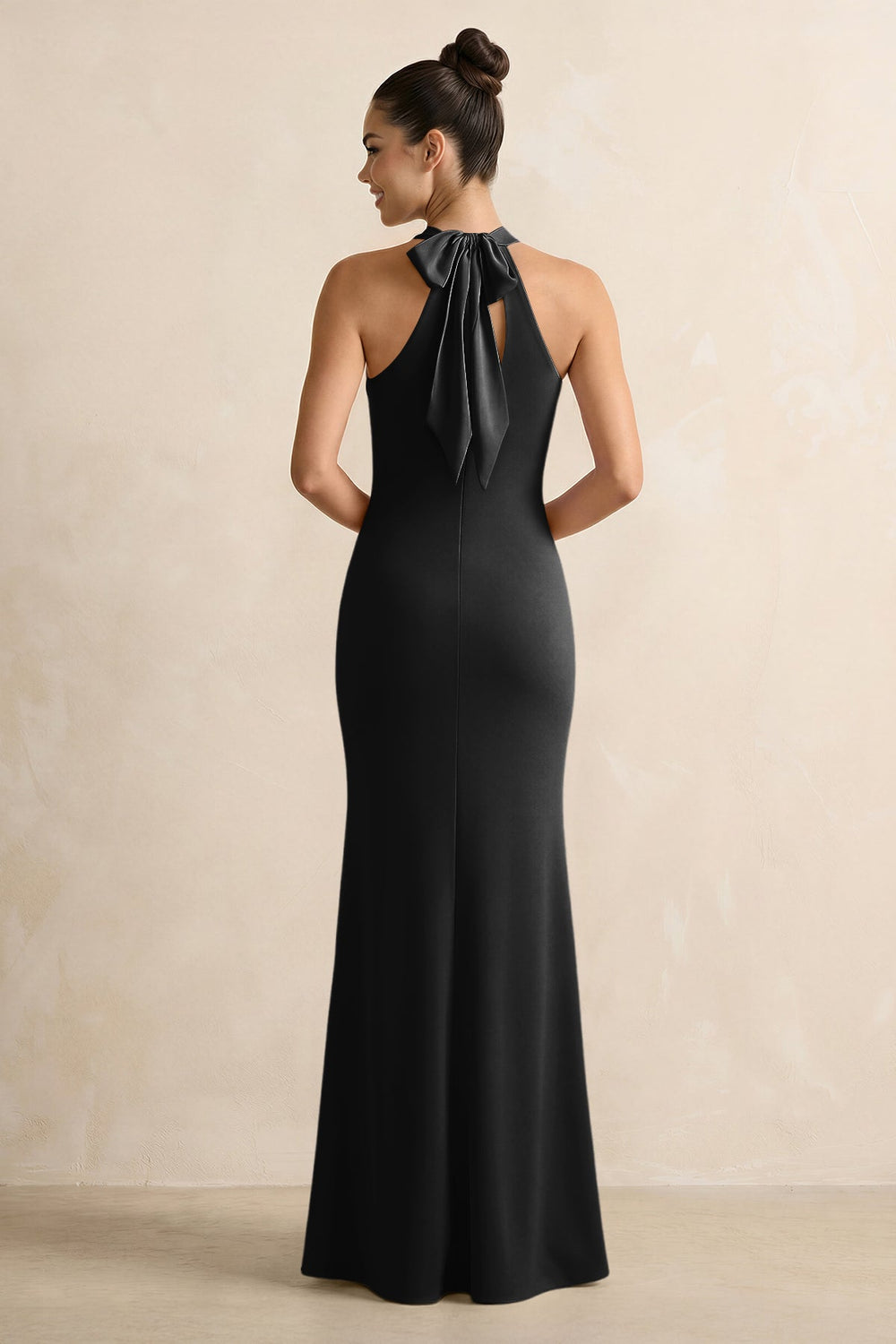 Crisscross Halter Sheath Satin Bridesmaid Dress with Bow in Black