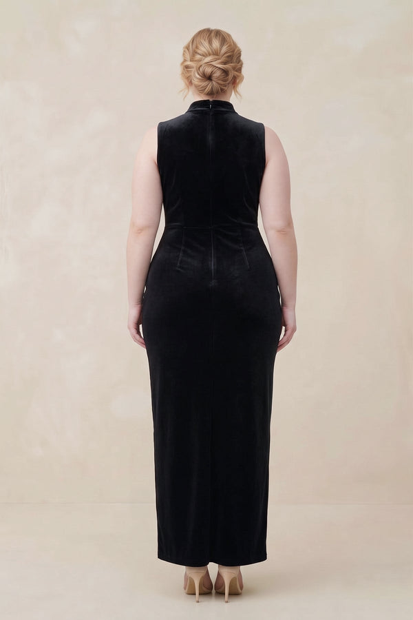 Black High Neck Sheath Velvet Bridesmaid Dress With Slit (2) [sizeplus] | KISSBRIDAL