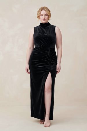 Black High Neck Sheath Velvet Bridesmaid Dress With Slit [sizeplus] | KISSBRIDAL
