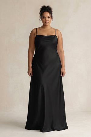 Black Sheath Satin Spaghetti Strap Bridesmaid Dress | KISSBRIDAL[sizeplus]