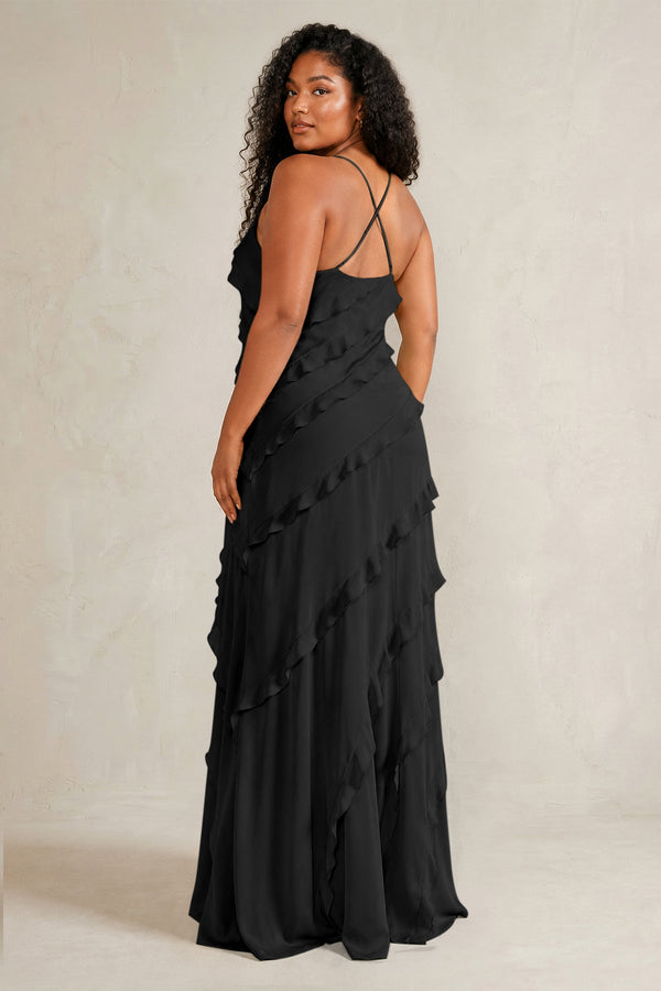 Black Spaghetti Straps Sheath Stain Ruffled Bridesmaid Dress (4) | KISSBRIDAL[sizeplus]