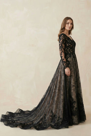 Black V - Neck Long Sleeves Lace Appliqued Wedding Dress in Black - KISS BRIDAL Wedding Dresses