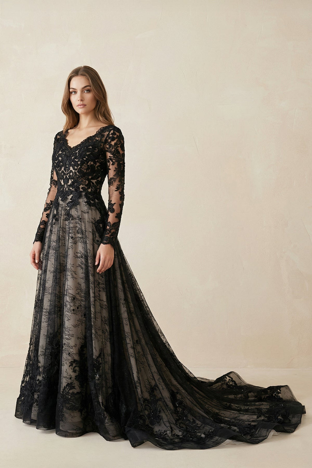 Black V-Neck Long Sleeves Lace Appliqued Wedding Dress in Black