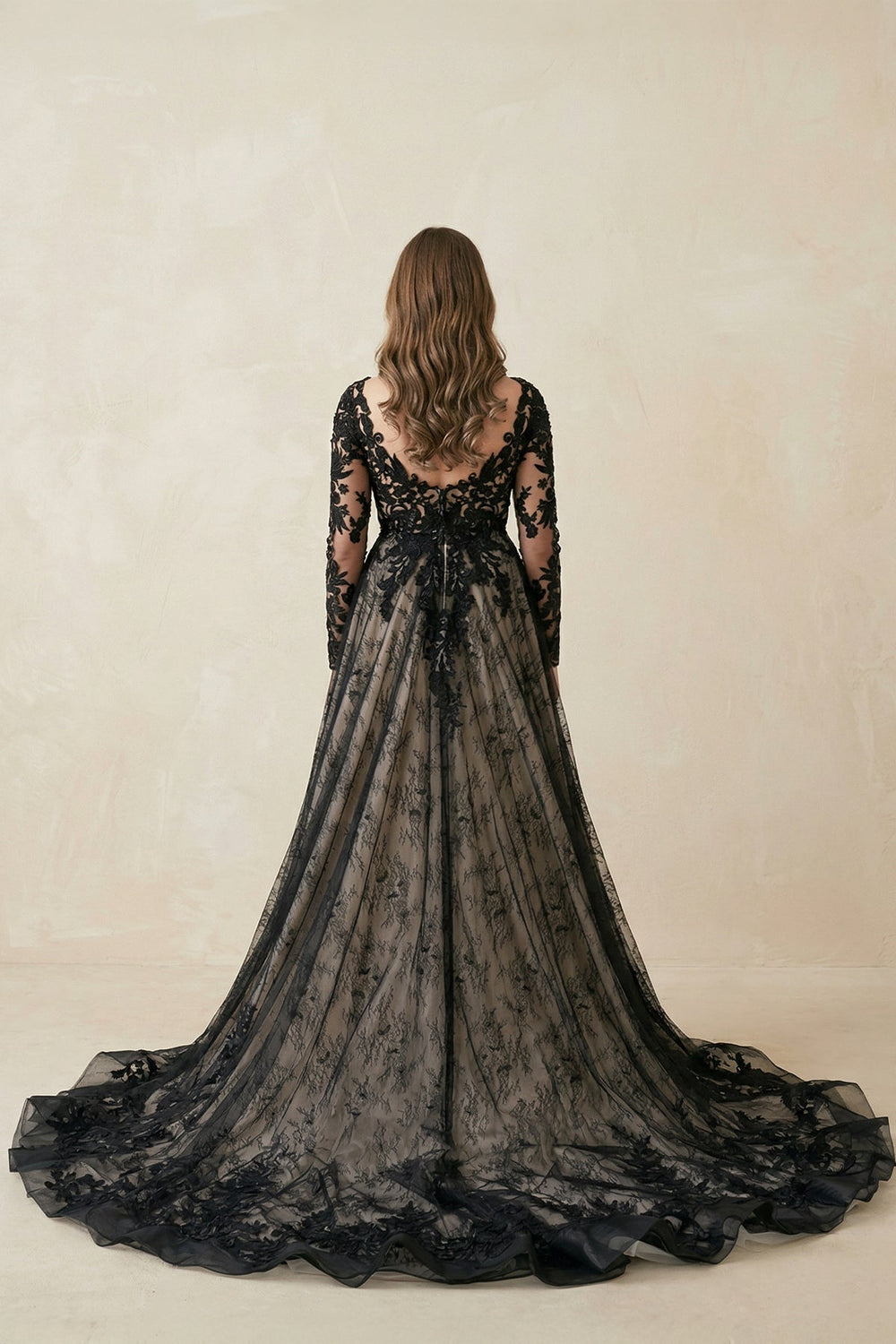 Black V-Neck Long Sleeves Lace Appliqued Wedding Dress in Black