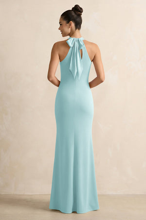Bleached Aqua Crisscross Halter Sheath Satin Bridesmaid Dress with Bow (2) | KISSBRIDAL
