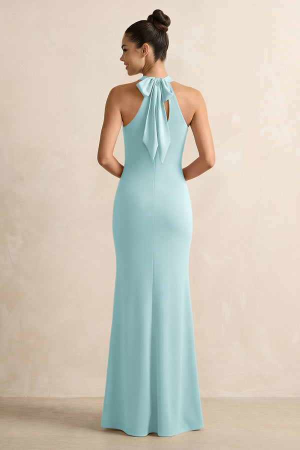 Bleached Aqua Crisscross Halter Sheath Satin Bridesmaid Dress with Bow (2) | KISSBRIDAL