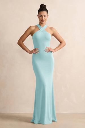 Bleached Aqua Crisscross Halter Sheath Satin Bridesmaid Dress with Bow | KISSBRIDAL
