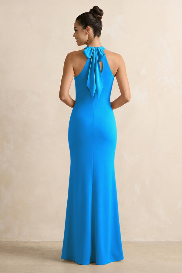 Blue Jay Crisscross Halter Sheath Satin Bridesmaid Dress with Bow (2) | KISSBRIDAL
