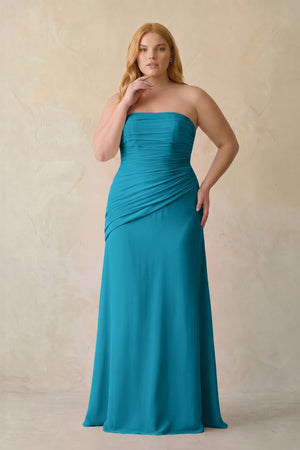 Blue Jay Sheath Chiffon Strapless Pleated Bridesmaid Dress (3) | KISSBRIDAL[sizeplus]