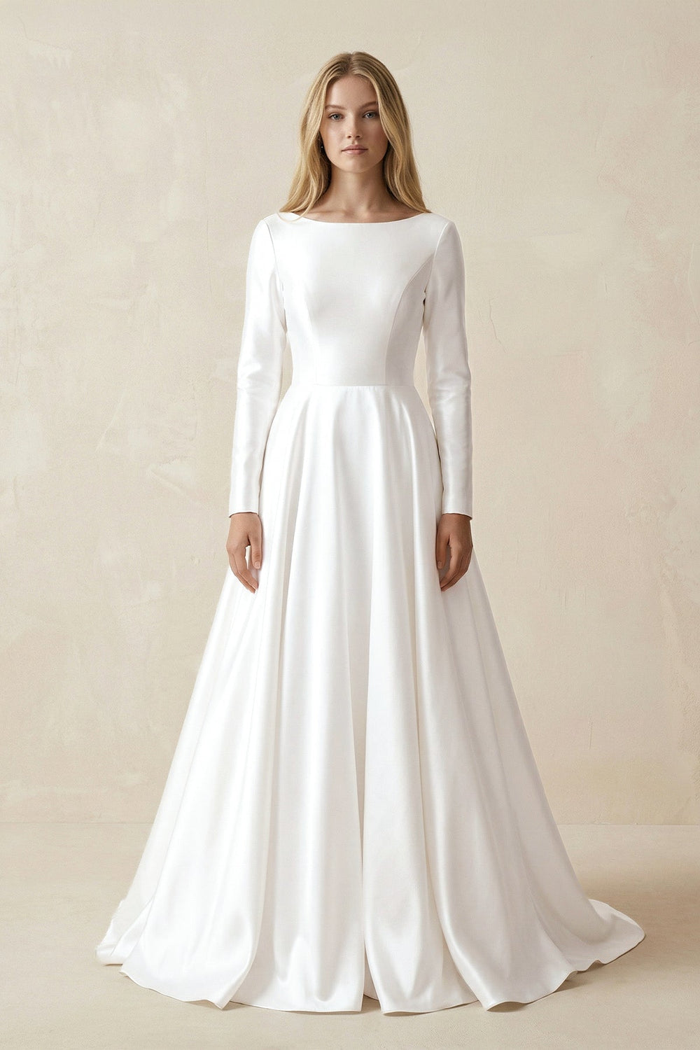 Boat Neck A-line Satin Long Sleeves Wedding Dress in White