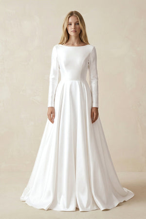 Boat Neck A - line Satin Long Sleeves Wedding Dress in White - KISS BRIDAL Wedding Dresses