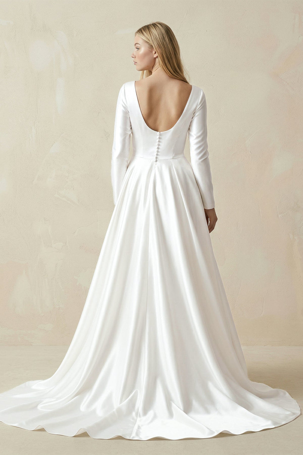 Boat Neck A-line Satin Long Sleeves Wedding Dress in White