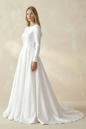 Boat Neck A - line Satin Long Sleeves Wedding Dress in White - KISS BRIDAL Wedding Dresses