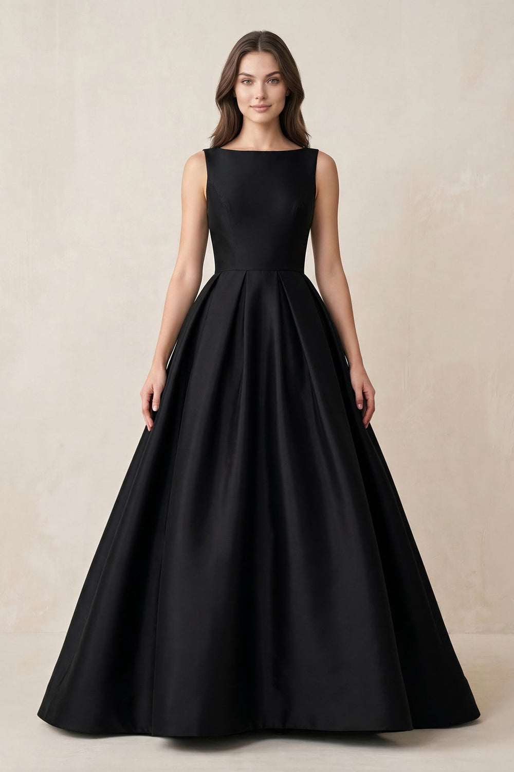 Boat Neck Satin Open Back Wedding Dress in Black
