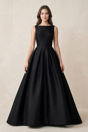 Boat Neck Satin A - Line Open Back Wedding Dress in Black - KISS BRIDAL Wedding Dresses
