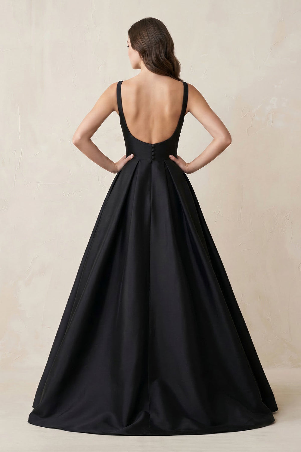 Boat Neck Satin Open Back Wedding Dress in Black