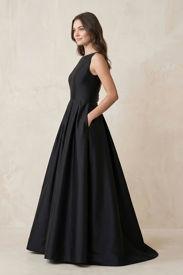 Boat Neck Satin A - Line Open Back Wedding Dress in Black - KISS BRIDAL Wedding Dresses