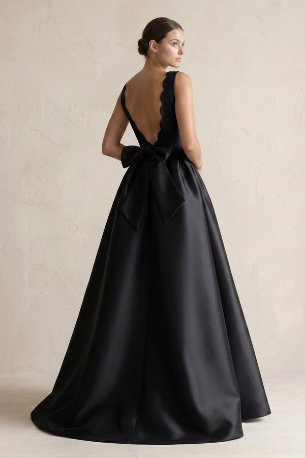 Boat Neck Satin A - Line Wedding Dress with Bow in Black - KISS BRIDAL Wedding Dresses