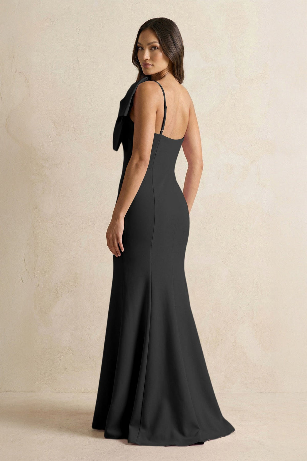 Bow Mermaid One Shoulder Bridesmaid Dress in Black